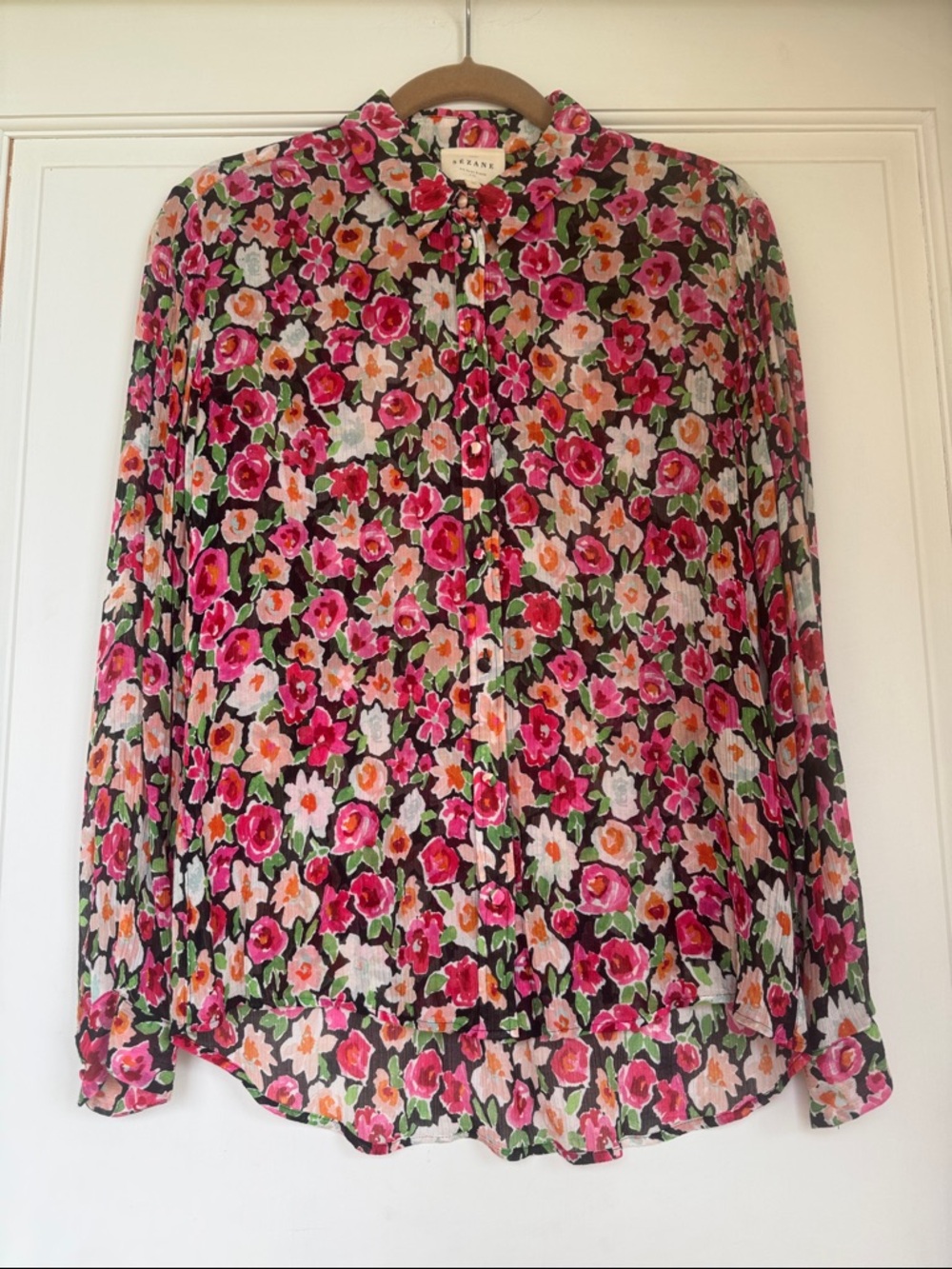 Floral Button-Up Blouse in Pink & Black by Sezane